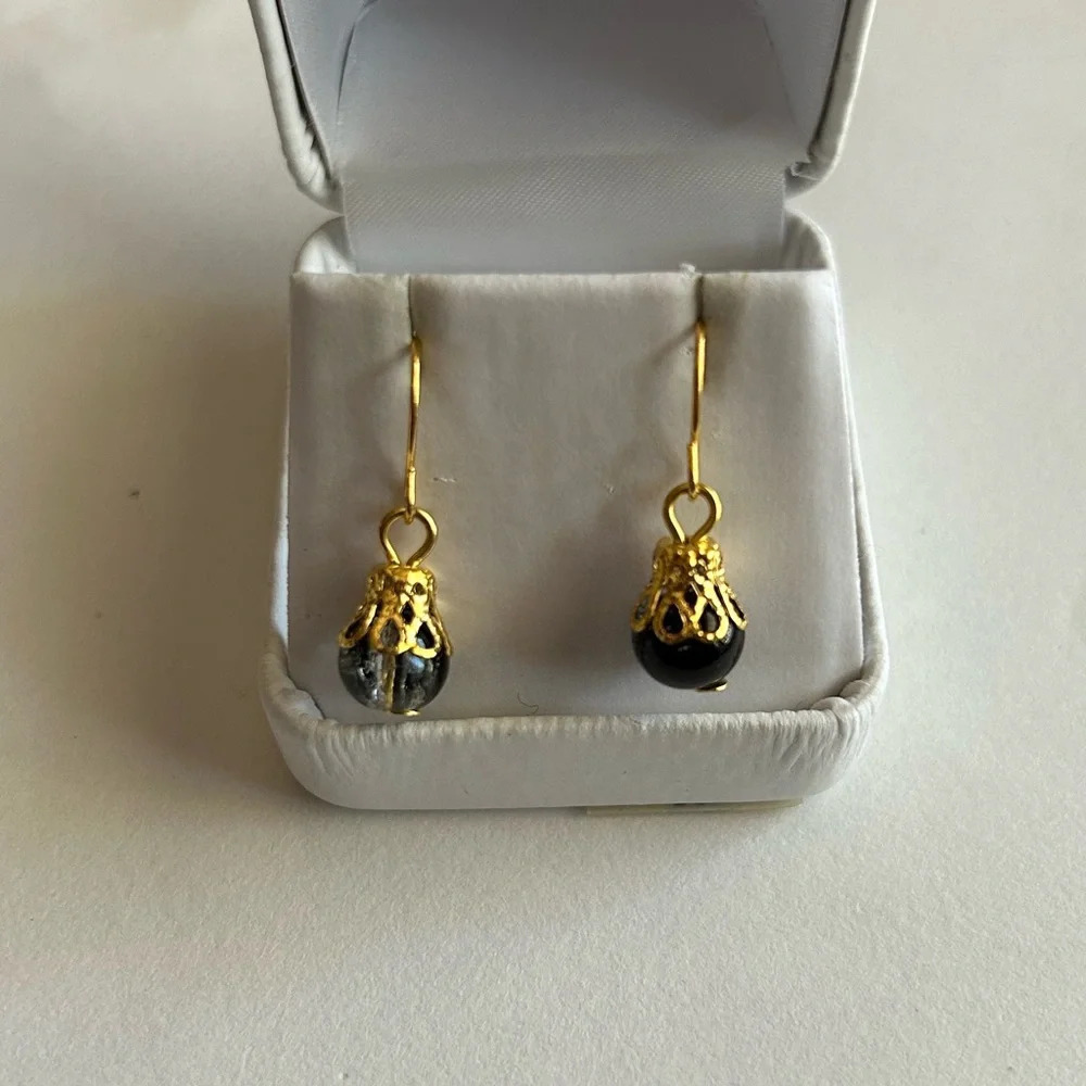 3/$20 Black and White Dual Crystal Ornate Gold Plated Dangling Drop Earrings
